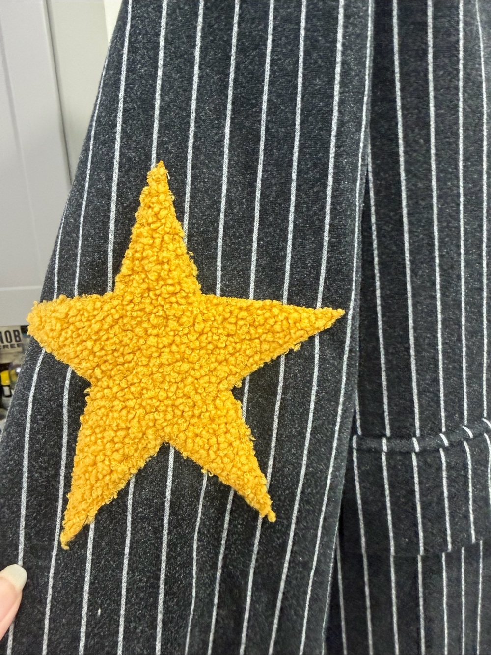 Dressed in Lala Long Pinstripe Coat with Yellow Star Elbow Detail - Women - Picture 6 of 10
